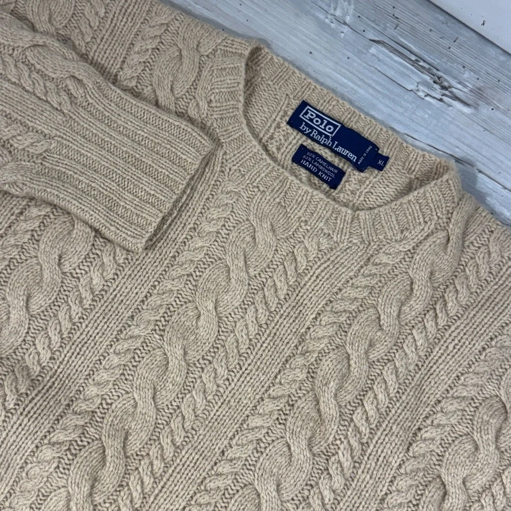 VTG Polo Ralph Lauren Fisherman Hand Knit Camel Hair Cashmere Long Sleeve XL